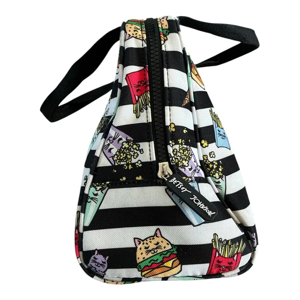 Betsey Johnson Insulated Lunch Bag Cat Print Tote Whimsical Black White Striped